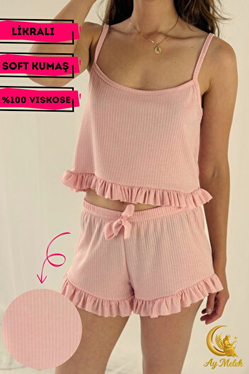 AYMELEK Women's Crop Strap Ruffle Detailed 100% Cotton Mini Shorts Pajama Set Dowry