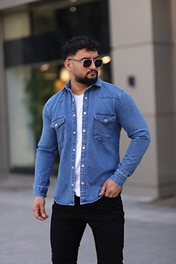L-KOM Erkek Kot Gömlek Rahat Kalıp, Çift Cepli, Düğmeli Denim Gömlek