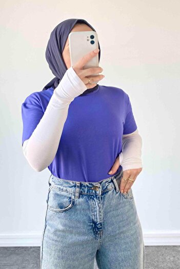 lamelif Seamless Sleeve Detailed Plain Short T-Shirt Purple