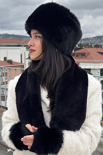 Mavelle Women's Black Hat & Scarf & Gloves Set |   Artificial Kalpak Ushanka Set