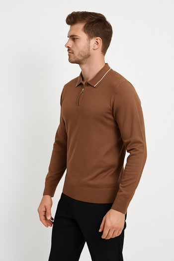 ModaPlaza Men's Polo Neck Zippered Sweater 1036