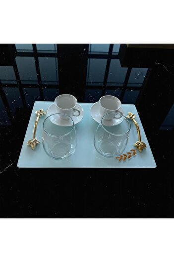 Online Home Market 2-Piece Promise or Engagement Ring, Gold-Silver Leaf-Shaped for Coffee Serving. Square-Hexagonal Shaped Glass Tray
