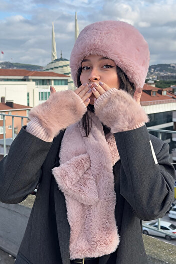 Mavelle Women's Pink Hat & Scarf & Gloves Set |   Faux Fur Kalpak Ushanka Set