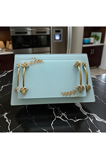 Online Home Market 2-Piece Promise or Engagement Ring, Gold-Silver Leaf-Shaped for Coffee Serving. Square-Hexagonal Shaped Glass Tray
