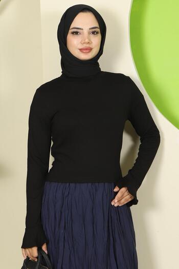 hafsamina Cuffed Flounce Crew Neck Body Black Hm2818