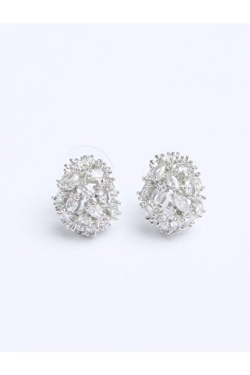 Jimmy Key Silver Color Shiny Round Stone Elegant Earrings