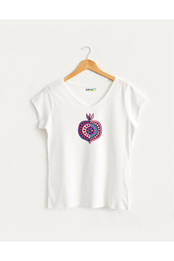 Kidilia Colorful Graphic Pomegranate Design Women's V-Neck 100% Cotton T-Shirt