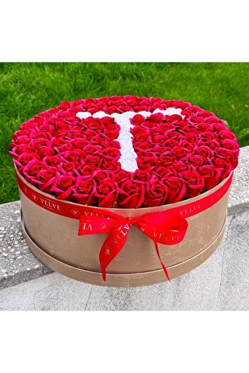 velve Personalized floral arrangement with letter, round gold box with 125 soap roses, Letter T