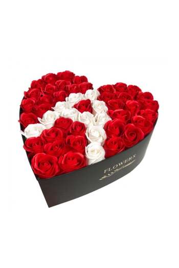 velve Personalized floral arrangement with letter black heart box with 49 soap roses, Letter A