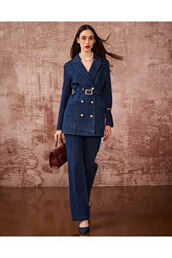 SCL Striped Detailed Pocketed Wide Leg Jeans