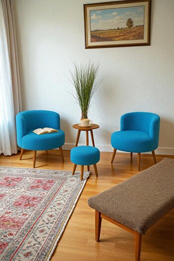 Zinnet Design Janna – Üçlü Set, İki Berjer ve Bir Puf,(Salon, Balkon, Ofis) Konforlu Oturma Takımı