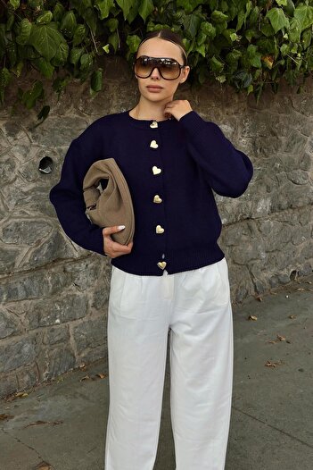 Swist Navy Blue Heart Gold Heart Buttoned Women's Knitwear Cardigan