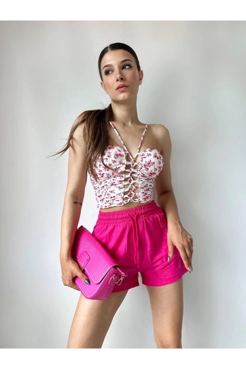 Bak Moda Floral Patterned Red Crop Top with Tie Detail