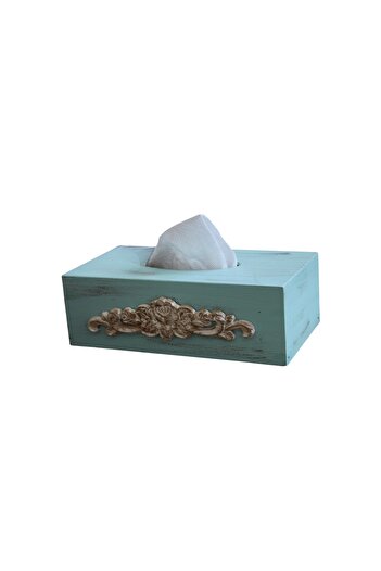 Decoratiuni Vintage Casa Retro Cutie albastra din lemn pentru servetele si ornament sculptat de lemn, pictate manual, 13*25 cm