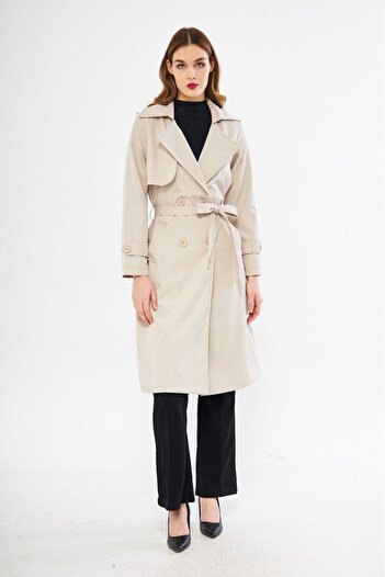 comstar Women's Basic Buttoned Belted Pocketed Long Cream Trench Coat
