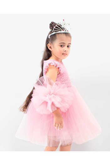 Şenkız Girl's Pompom Sleeve Wedding Party Birthday April 23 May 19 October 29 Show Dress