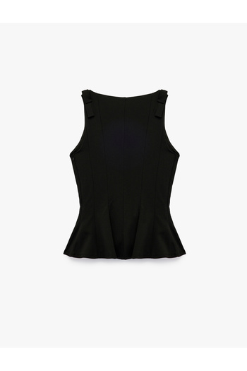 Koton Crepe Scuba Fabric Slim Fit Sleeveless Boat Neck Bow Detail Peplum Blouse