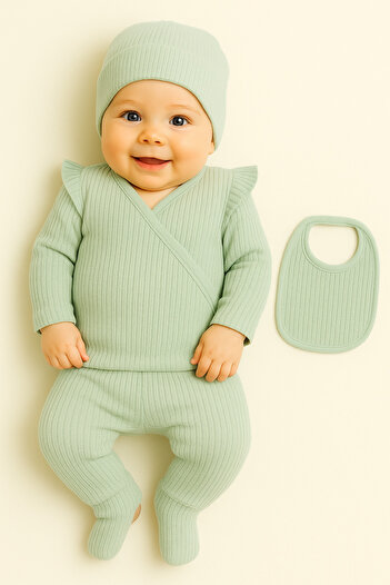 bebekpare Unisex Ribbed Baby Set 100% Cotton 4-Piece Hospital Release