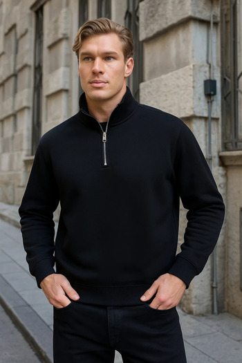 COMBİNE MİCHAİL Men's Half Zipper Loose Black Sweatshirt