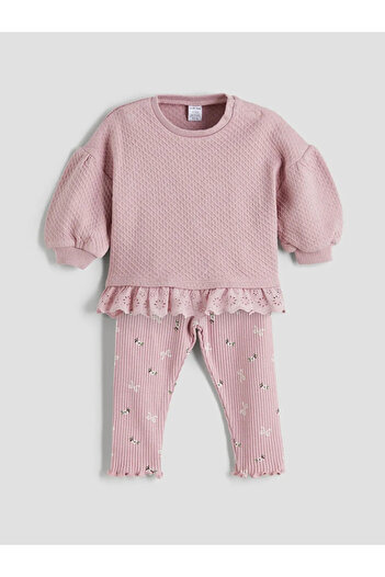 LC Waikiki Baby Pink Ribbon Detailed Baby Girl Sweater and Leggings 2-Piece Set