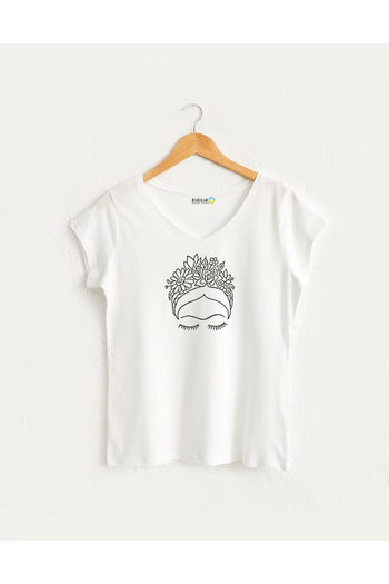 Kidilia Linear Frida Visual Women's V-Neck 100% Cotton Design T-Shirt