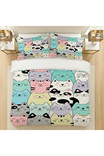 Else Dekor Colorful Cats Patterned Cotton Satin Double Duvet Cover Set 200X220Cm