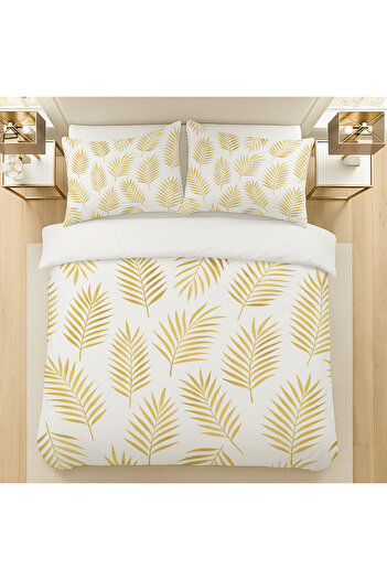 Else Dekor Gold Palm Leaf Patterned Cotton Satin Double Duvet Cover Set 200X220Cm