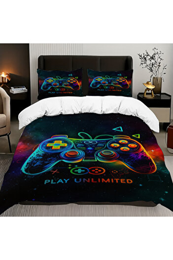 Else Dekor Game Console Joystick Gamer Patterned Cotton Satin Double Duvet Cover Set 200X220Cm