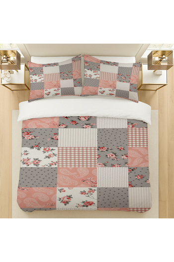 Else Dekor Grey Pink Retro Floral Pattern Cotton Satin Double Duvet Cover Set 200X220Cm