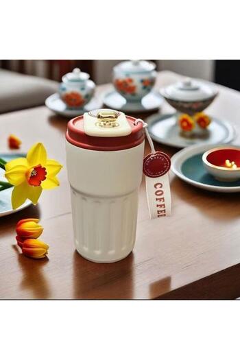 OEM Thermal Mug, Stainless Steel, Temperature Display, 450ml, Cream/Red