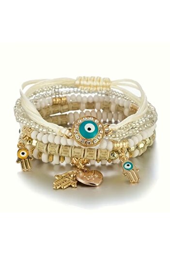 Accessories Hei 6-Piece Bohemian Stylish Handmade Evil Eye Beaded Decorated Casual Women's Bracelet Set