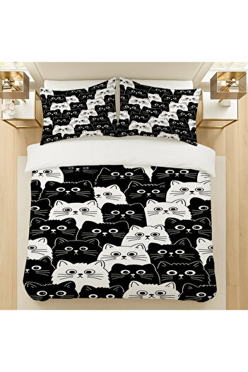 Else Dekor Black and White Cats Patterned Cotton Satin Double Duvet Cover Set 200X220Cm