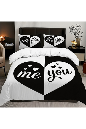 Else Dekor Black and White Heart Patterned Cotton Satin Double Duvet Cover Set 200X220Cm