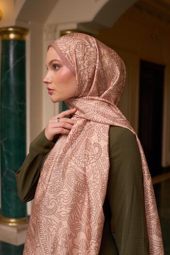İpekhan Milk Coffee Color Patterned Silk Voile Shawl - 9803-27