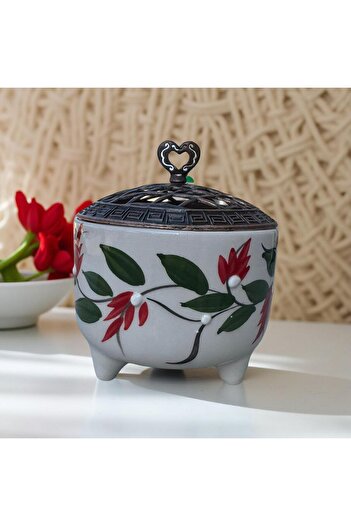 İlbay Çini Takı Ayşen Sugar Bowl with Ceramic Metal Lid Red Grape Vine