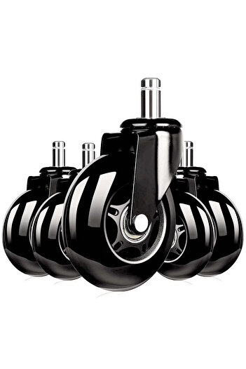 DexXer Set of 5 silicone wheels, diameter 75mm, stem 11mm, for office chairs or gaming chairs, Black