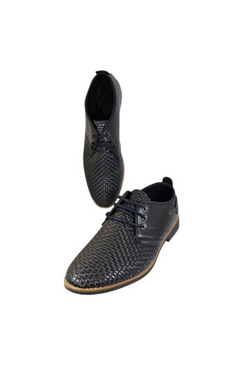 Vadodara Men's Derby Shoes, Black Leather, Laser Cut Woven, Rubber Sole, Size 41