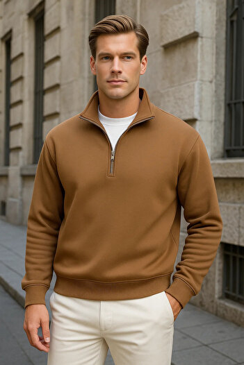 COMBİNE MİCHAİL Men's Basic Brown Half-Zip Sweatshirt