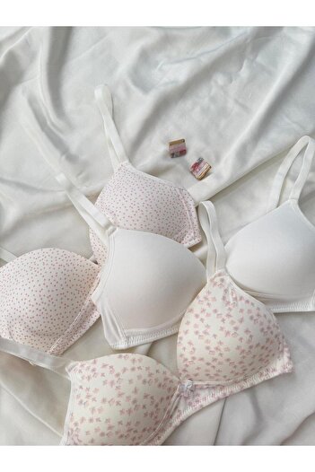 İNKO İÇ GİYİM Cotton Combed Cotton Wire-Free Unpadded 3-Piece Gathering Bra