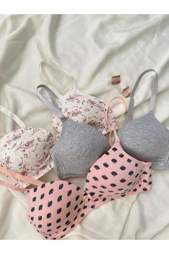 İNKO İÇ GİYİM Cotton Combed Cotton Wire-Free Unpadded 3-Piece Gathering Bra