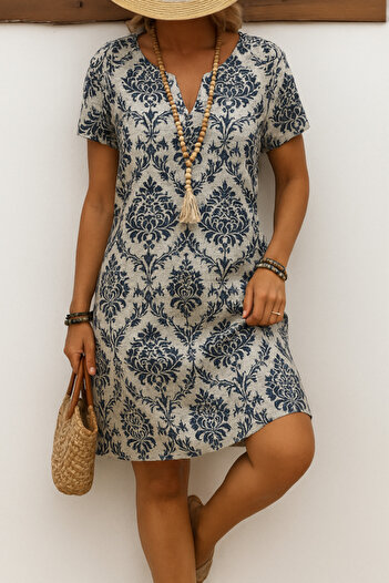 buğrahayalin Women Short Sleeve Notch Collar Floral Pattern Linen Dress