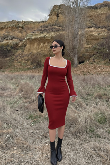 Siner Fashion Rochie albă cu guler pătrat cu detaliu pentru femei