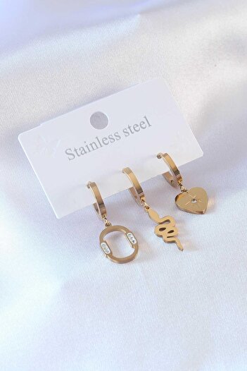 Inure Jewelry 316L Steel Gold Color Snake Model Heart Detail Zircon Stone Women's Earrings Daily Use