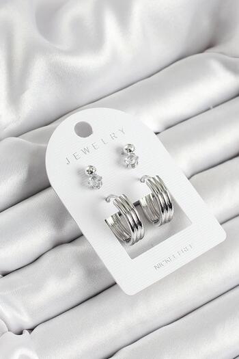 Inure Jewelry Silver Color 3-Piece Pair of Women's Earrings Set with Brass Zircon Stone and Ring Figure for Daily Use