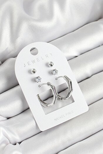 Inure Jewelry Silver Color 3-Piece Pair of Women's Earrings Set with Brass Zircon Stone and Bone Ring Figure for Daily Use