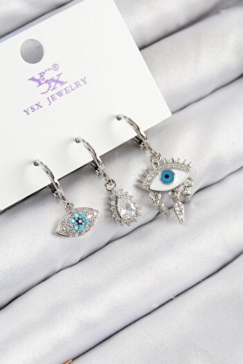 Inure Jewelry Brass Zircon Stone 3-Piece Fatma's Eye Model Silver Color Women's Earrings for Daily Use