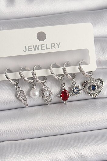 Inure Jewelry Brass Silver Color Dangle Zircon Stone Fatma Ana Hand Figure Women's Earring Set Daily Use