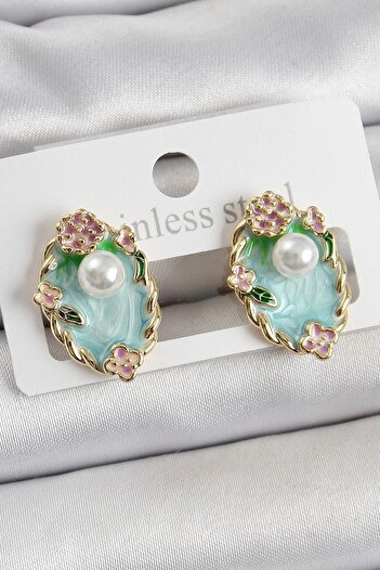 Inure Jewelry Brass Green Enamel Pearl Detailed Artistic Portrait Model Gold Color Women's Earrings Daily Use