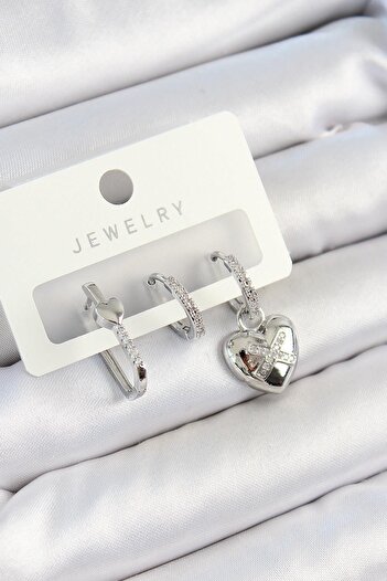 Inure Jewelry Brass Zircon Stone Heart Model Silver Color 3-Piece Pair Women's Earring Set Daily Use