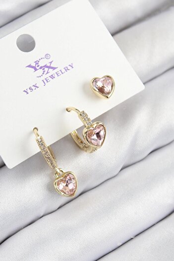 Inure Jewelry Brass Zircon Stone 3-Piece Pink Heart Model Gold Color Women's Earrings Daily Use